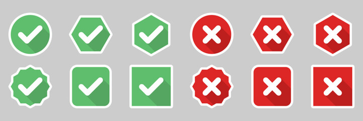 Check and wrong marks Icon Set, Tick and cross marks, Accepted,Rejected, Approved,Disapproved, Yes,No, Right,Wrong, Green,Red, Correct,False, Ok,Not Ok - vector mark symbols. White stroke design.