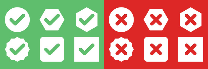 Obraz premium Check and wrong marks Icon Set, Tick and cross marks, Accepted,Rejected, Approved,Disapproved, Yes,No, Right,Wrong, Green,Red, Correct,False, Ok,Not Ok - vector mark symbols in green and red.