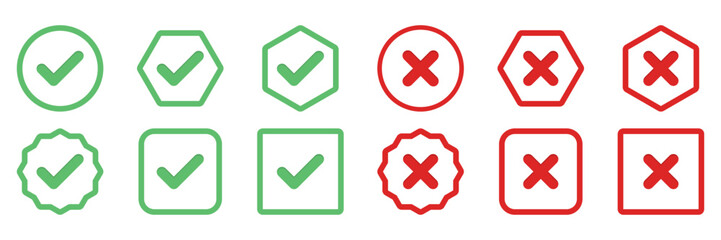 Obraz premium Check and wrong marks Icon Set, Tick and cross marks, Accepted,Rejected, Approved,Disapproved, Yes,No, Right,Wrong, Green,Red, Correct,False, Ok,Not Ok - vector mark symbols in green and red.