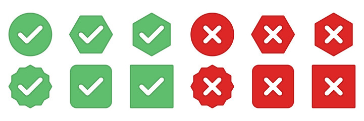 Check and wrong marks Icon Set, Tick and cross marks, Accepted,Rejected, Approved,Disapproved, Yes,No, Right,Wrong, Green,Red, Correct,False, Ok,Not Ok - vector mark symbols in green and red.