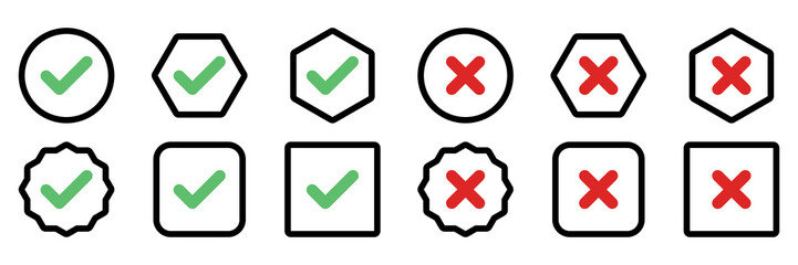 Check and wrong marks Icon Set, Tick and cross marks, Accepted,Rejected, Approved,Disapproved, Yes,No, Right,Wrong, Green,Red, Correct,False, Ok,Not Ok - vector mark symbols in green and red.