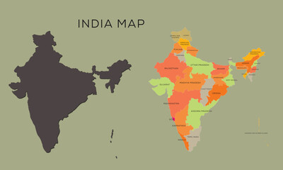 High detailed vector map of India. Borders and names of the provinces.