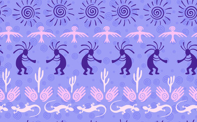 Kokopelli with flute, pangolin, hawk, sun symbol, hands and plant tribal vector seamless pattern.