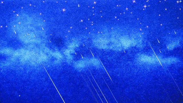 cg_3840*2160,斜めに落ちて光る流星に変化する星のモーショングラフィック,明るく青い星雲の背景,ループ