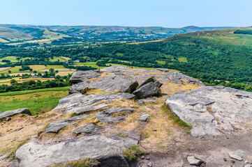 A view across the rocky top of Bamford Edge, UK in summertime