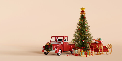 3d illustration of Christmas banner, Christmas tree with truck and sleigh, Merry Christmas