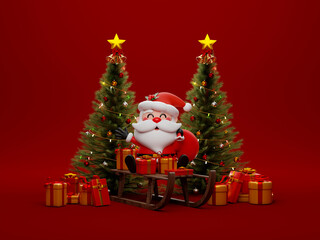 3d illustration of Santa Claus with sleigh and gift bag on red background