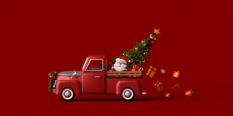 3d illustration Christmas banner Santa Claus on Christmas truck carrying Christmas tree and gift