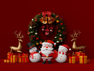 3d illustration Christmas theme, Santa Claus and snowman with Christmas wreath and decoration