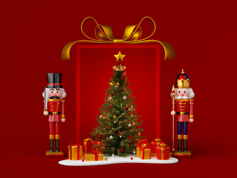 Nutcracker with Christmas tree in big Christmas gift box, 3d illustration