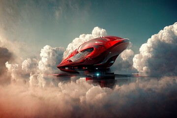 red flying car in the futuristic city on alien planet, 3d rendering and digital painting, concept illustration