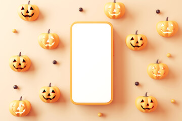 Background blank mobile phone with jack o lantern for Halloween, 3d rendering, Space for promotion Halloween day.