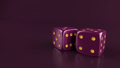 concept of gamble two purple dice and gold dot on violet casino background