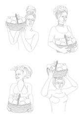 Collection. Silhouettes of a girl in a headscarf. The lady holds in her hands a basket of oranges, oranges. Woman in modern one line style. Solid line, outline, logo. Vector illustration, set.