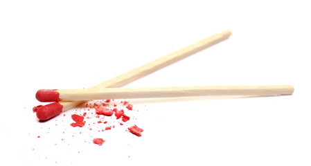 Two fire match and pieces phosphorus  isolated on white  