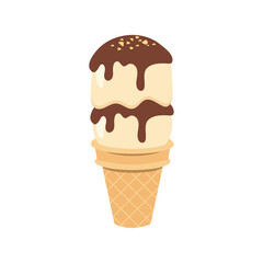 Cartoon ice cream waffle cone Including gelato and ice cream scoops, various flavors, chocolate, strawberry, vanilla, coffee topper, sundae Strawberry Sauce, Chocolate Sauce, Caramel Sauce On Waffles 