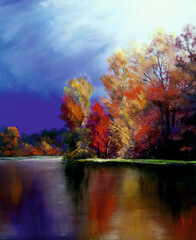 The living colors of autumn. On a walk I saw a beautiful landscape and painted it with oil paints.