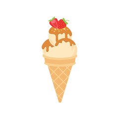 Cartoon ice cream waffle cone Including gelato and ice cream scoops, various flavors, chocolate, strawberry, vanilla, coffee topper, sundae Strawberry Sauce, Chocolate Sauce, Caramel Sauce On Waffles 