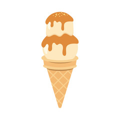 Cartoon ice cream waffle cone Including gelato and ice cream scoops, various flavors, chocolate, strawberry, vanilla, coffee topper, sundae Strawberry Sauce, Chocolate Sauce, Caramel Sauce On Waffles 