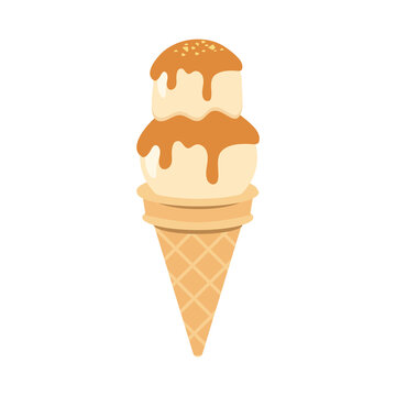 Cartoon ice cream waffle cone Including gelato and ice cream scoops, various flavors, chocolate, strawberry, vanilla, coffee topper, sundae Strawberry Sauce, Chocolate Sauce, Caramel Sauce On Waffles 