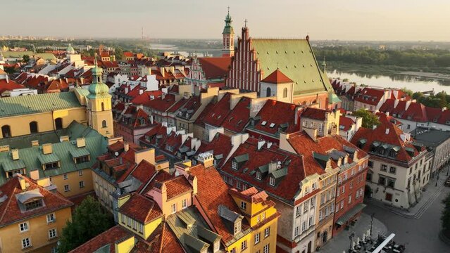 Warsaw old town from above, touristic historical centre of Warsaw capital of Poland at sunrise, tourism in Eastern Europe