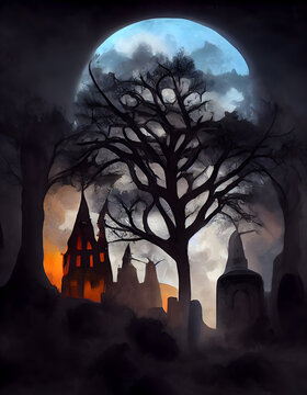 A spooky macabre Halloween digital painting, greeting card with a gothic castle, cemetery, trees, moon. 