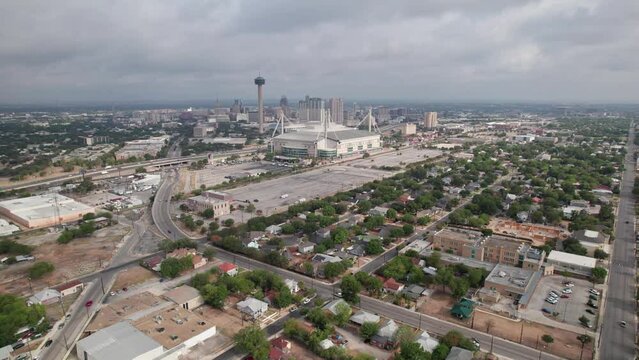 Aerial Footage of San Antonio Cityscape, Stadium, and Neighborhood with Cloudy Overcast Weather