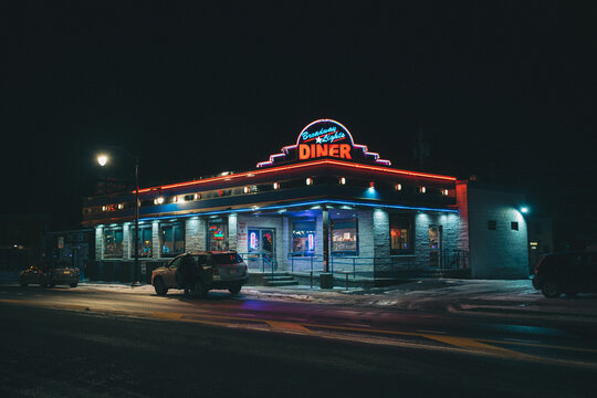 Broadway Lights Diner & Cafe vintage sign at night, Kingston, New York