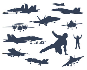 Set of silhouettes of military aircraft fighters