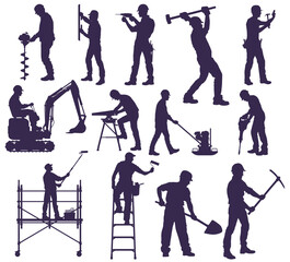 Fototapeta na wymiar Set of silhouettes of working builders