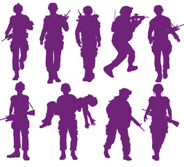 Set of silhouettes of military soldiers