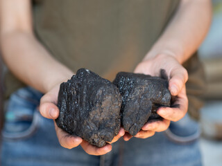 Węgiel - bryłki węgla w dłoniach - obrazy, fototapety, plakaty