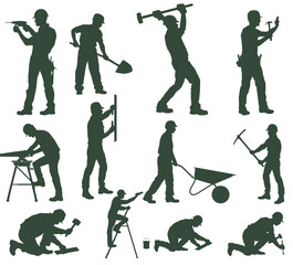 Big set of silhouettes of working builders