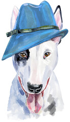 Cute Dog. Dog for T-shirt graphics. watercolor bull terrier illustration with blue hat