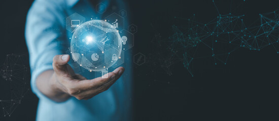 Businessmen with the hologram icon online data network connection, upload data to the cloud so that...