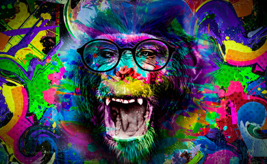 grunge background with graffiti and painted monkey in headsets and glasses