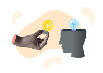 Hand holding a light to replace a broken light. Business concept and idea solution discovery.Big idea, Creativity, Brainstorming, Innovation concept. Website Landing page.