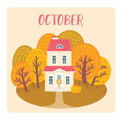 October landscape with cozy house. Countryside vector fall illustration. Postcard template