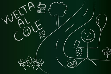 Back to school concept, landscape on blackboard with white chalk, say" back to school"