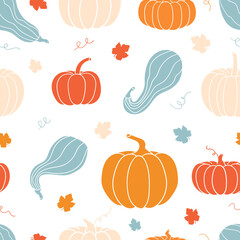Seamless pattern with colored silhouettes of pumpkins and leaves. Doodle style pumpkins. Autumn illustration. Vector image.