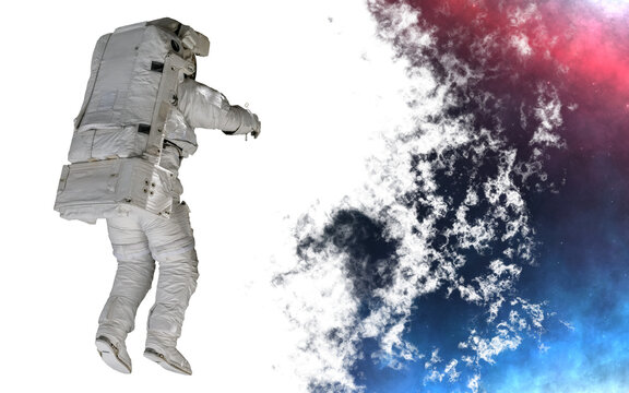 High resolution astronaut isolated on white background. Space style dust splash. Science fiction. Elements of this image furnished by NASA