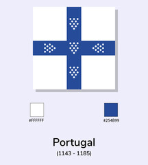 Vector Illustration of Portugal (1143 - 1185) flag isolated on light blue background. Illustration Portugal (1143 - 1185) flag with Color Codes. As close as possible to the original.