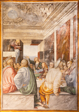 VARALLO, ITALY - JULY 17, 2022: The renaissance fresco of Last Supper in Jerusalem - Palm Sunday in the church Chiesa Santa Maria delle Grazie  by Gaudenzio Ferrari (1513).