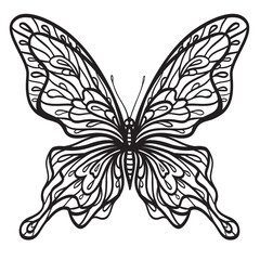 Openwork patterned butterfly, black and white vector image, insect silhouette.