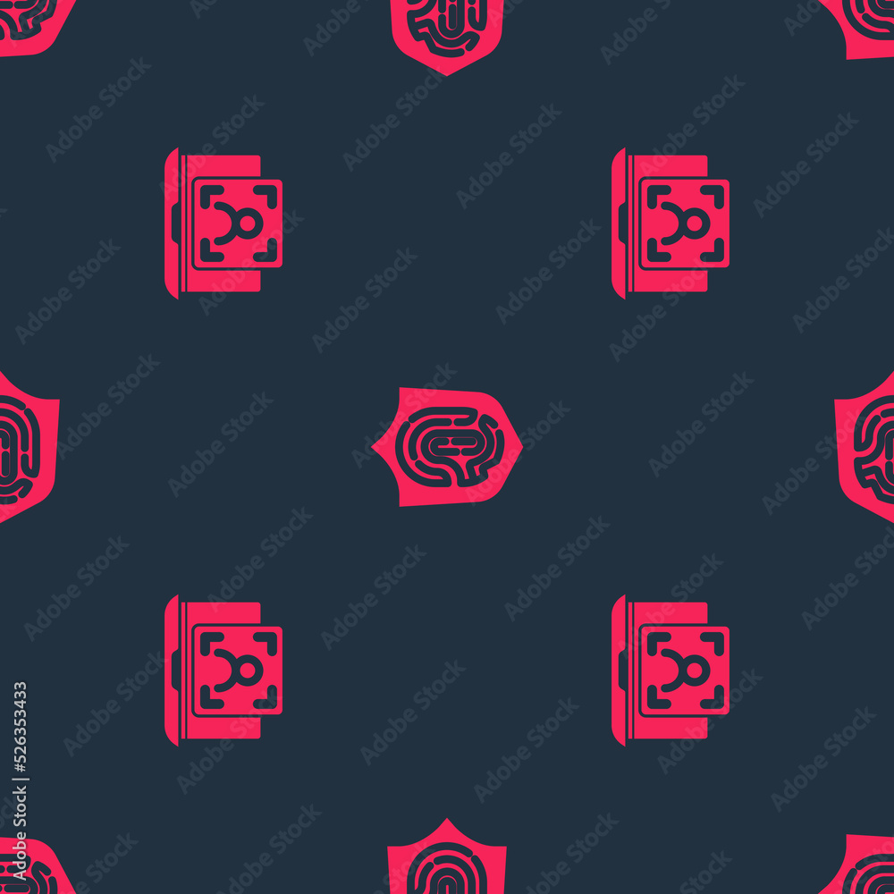 Poster set laptop with face recognition and fingerprint in shield on seamless pattern. vector