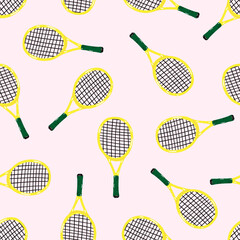 Seamless pattern with tennis racquet on pink background. Isolated vector illustration of sport equipment.  Fitness concept for wrapping paper,sports banners. Colorful print in flat style