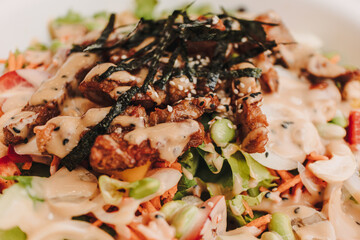 Japanese food style roasted pork salad with seaweed for diet meal.