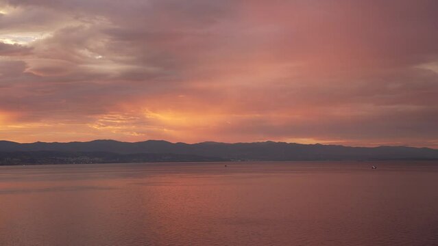Kvarner Bay across to Rijeka from Lovran and red sky after sunset, Kvarner Bay