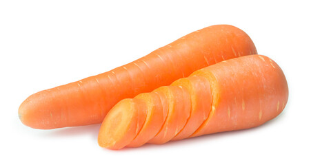 Two fresh orange carrots with slices isolated on white background with clipping path