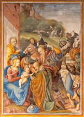 VARALLO, ITALY - JULY 17, 2022: The renaissance fresco of Three Magi in the church Chiesa Santa Maria delle Grazie  by Gaudenzio Ferrari (1513).